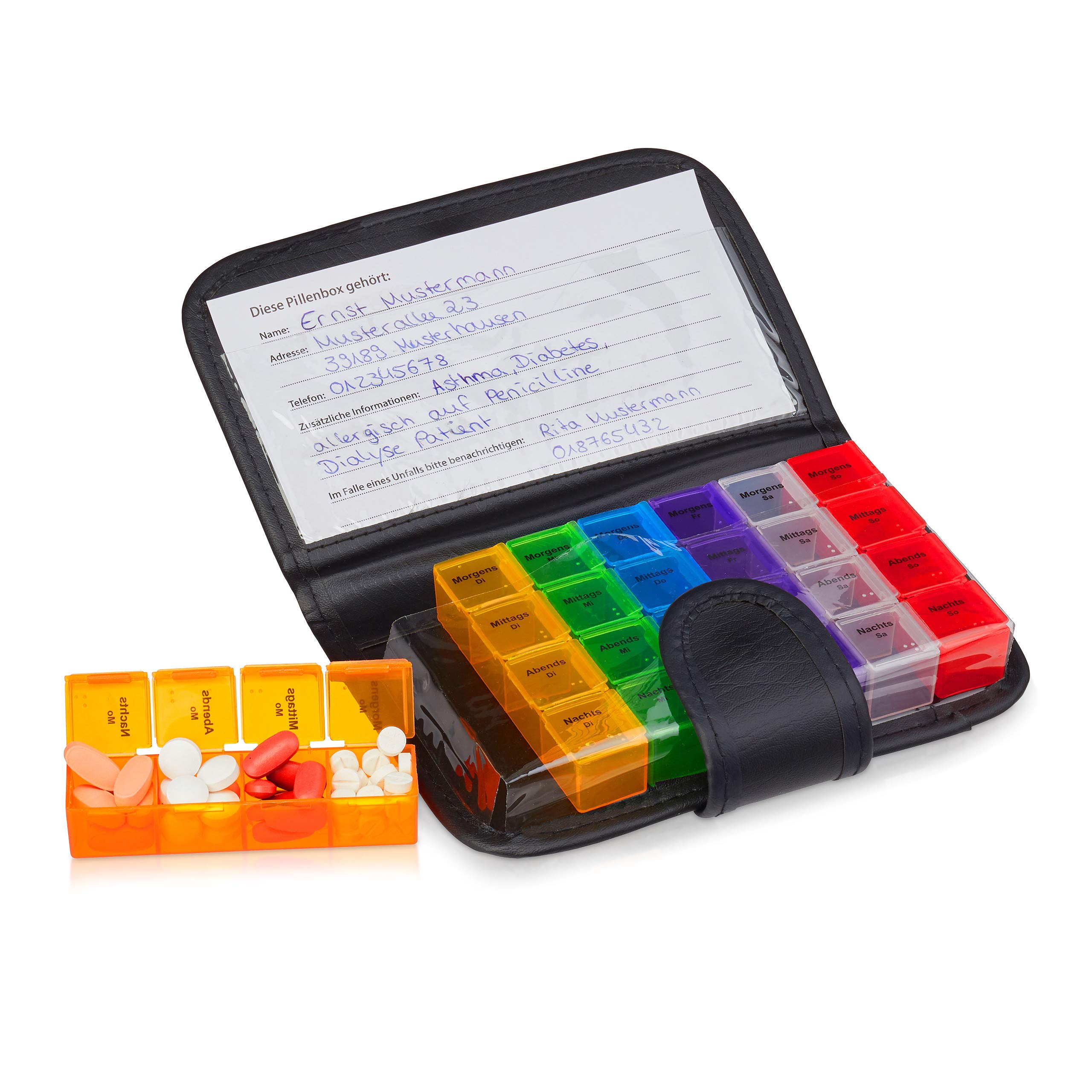 Relaxdays Pill Box with Case, 7 Days, 4 Compartments, Weekly Medicine Case for Travelling, Medication Organiser, Black
