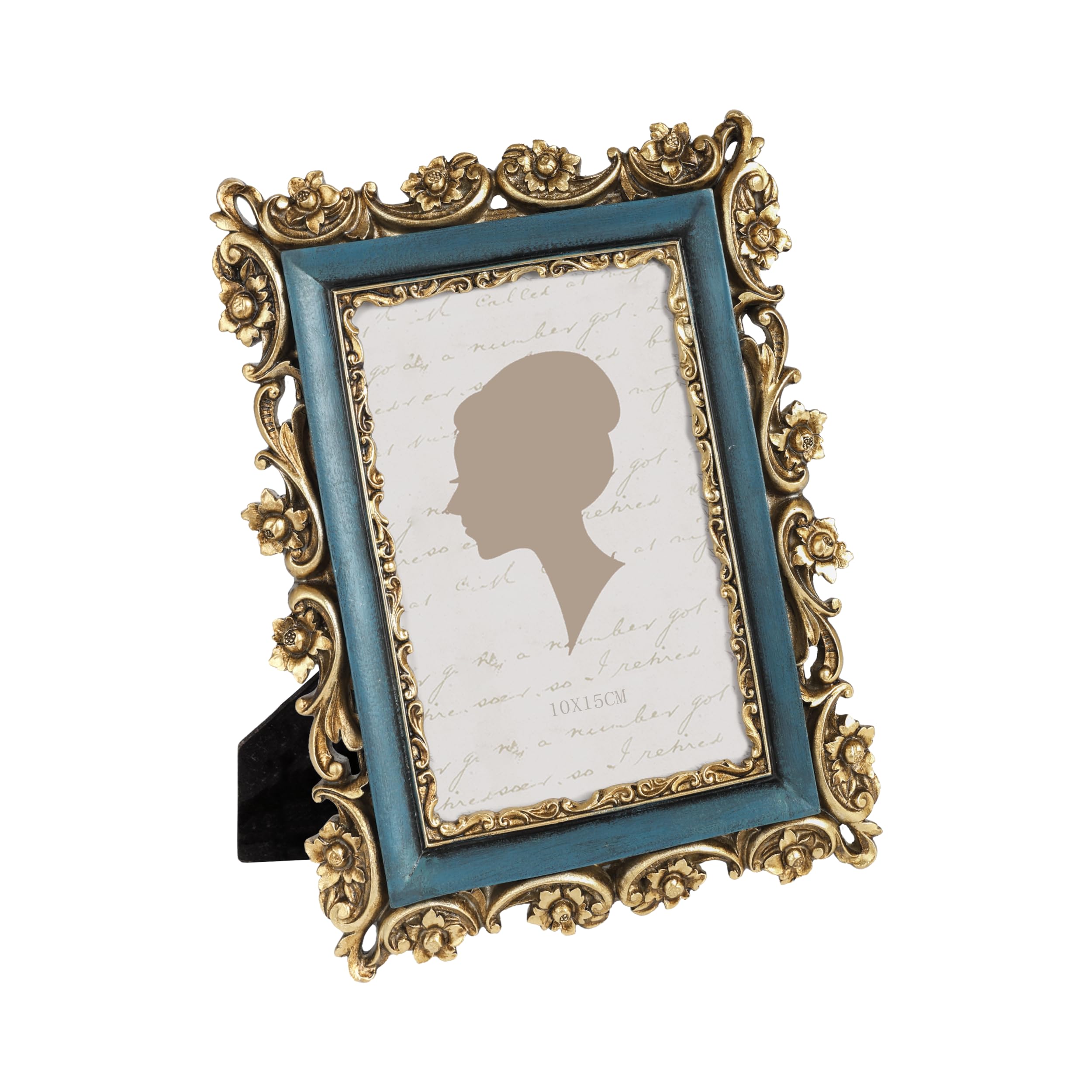 Sunlit Vintage Picture Frame 4x6 Inch, Luxury Antique Photo Frames with Glass Front, Retro Blue and Gold