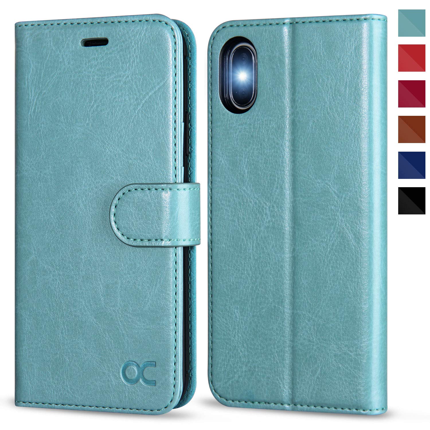 OCASE for iPhone X/XS Case, PU Leather Wallet, Magnetic Flip Folio Cover with Card Holders, Shockproof TPU, and Kickstand for 5.8 Inch iPhone 10, Mint Green