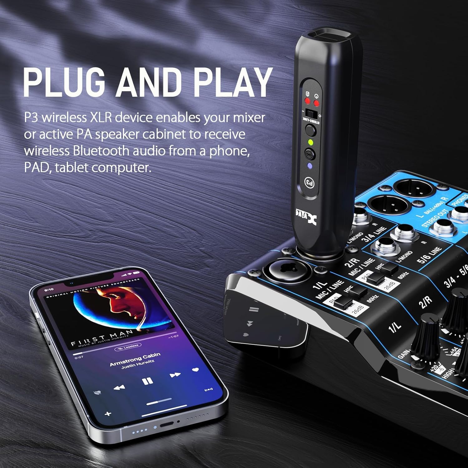 Xvive P3 Wireless XLR Bluetooth Receiver, Bluetooth Adapter for Speakers, Audio Mixer, PA Systems, DJ Systems,Rechargeable
