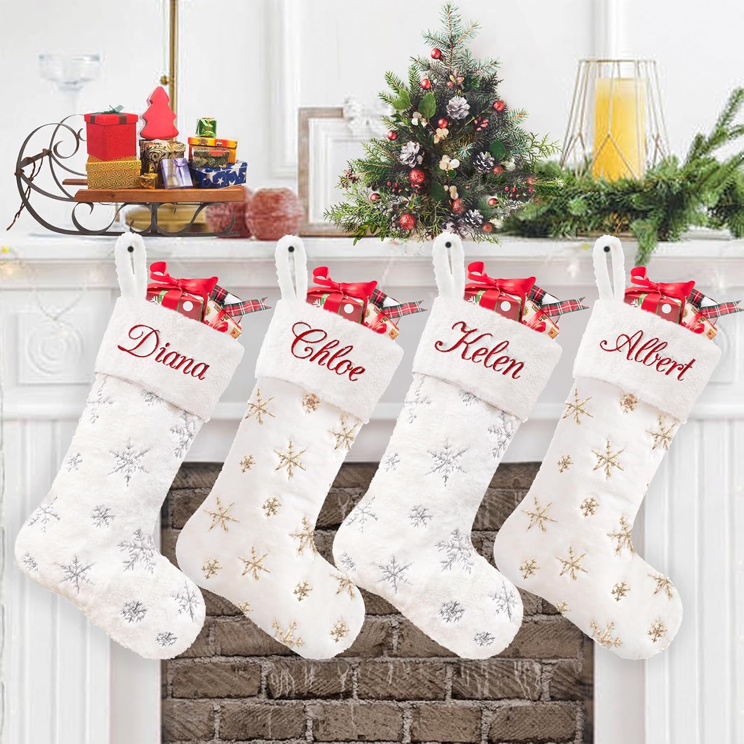 Stockings & Holders - CARAKNOTS Personalized Christmas Stockings 1 Pack White Christmas Stockings for Family Kids Large Faux Fur Custom Stockings Christmas with Names Monogram Xmas Stocking for Farmhouse Fireplace Hanging