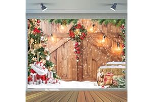 CYLYH 7x5FT Christmas Barn Wood Door Photography Backdrop Xmas Tree Snow Gift Wall Floor Party Photo Background for Holiday New Year Party Banner Family Holiday Party Supplies D554