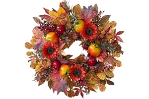 HipTree Fall Wreaths for Front Door, 24 Inch Orange Autumn Door Wreath with Pomegranate and Burgundy Sunflowers, Indoor Outdoor Fall Decorations for Home Thanksgiving Harvest Table Centerpiece Decor