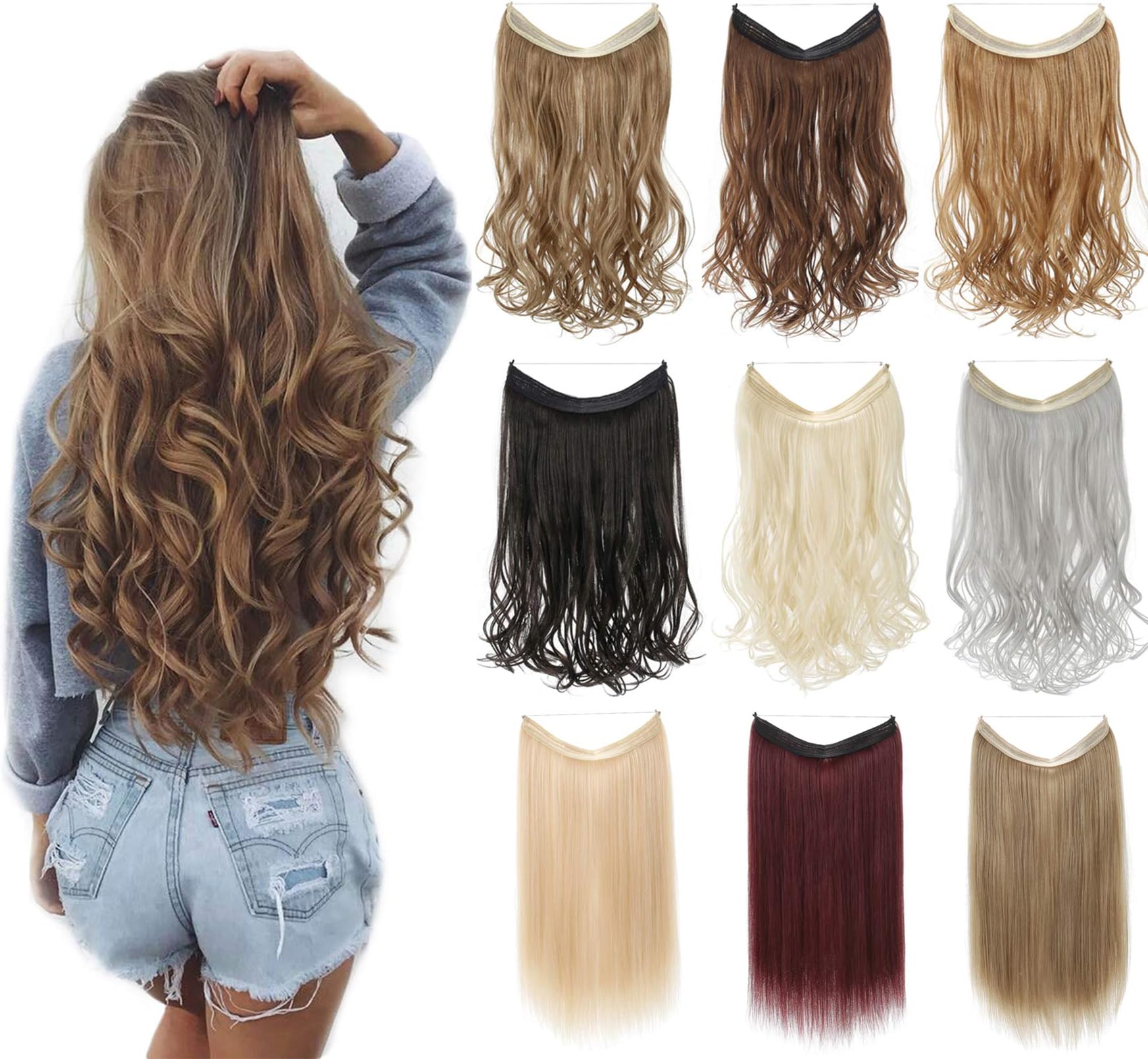 XBwig Synthetic Halo Hair Extensions 18 20 22 inches Straight Curly No Clips In Secret Invisible Wire Crown Wavy Hairpieces 100g(22" Ash Blonde)