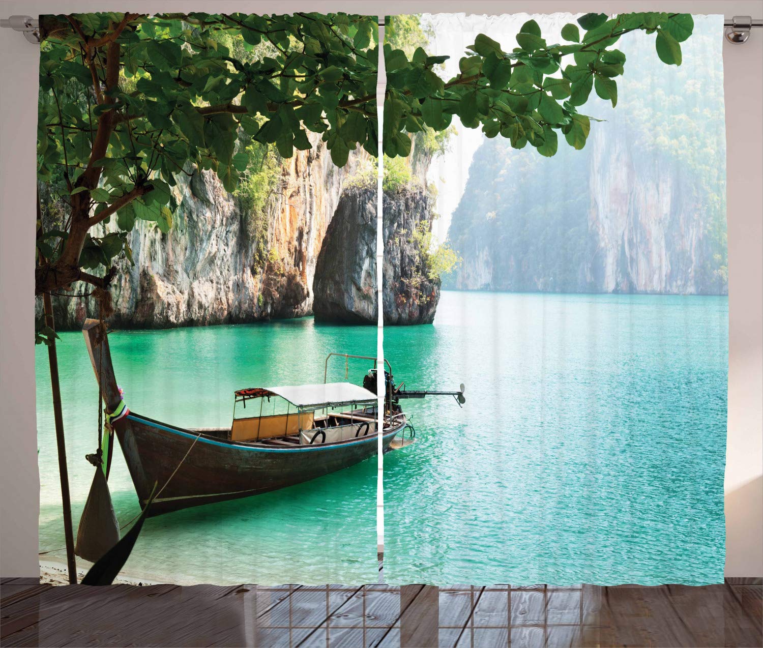 ABAKUHAUS Tropical Curtains, World Seascape Seashore Abandoned Boat and Leaves in Jungle Rainforest Cool Exotic, Living Room Bedroom Window Drapes 2 Panel Set, 102 L X 110 W, Multicolor