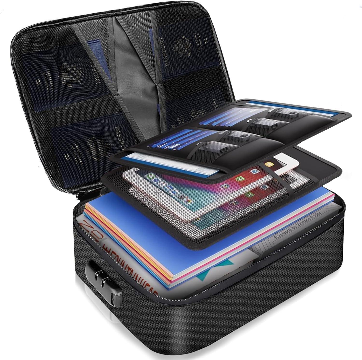 Urban Nook Fireproof Document Box - 14.2"x10.6"x4" Large Capacity Fireproof Document Bag with Combination Lock - Lightweight & Water-Resistant 3-Layer Lockable Storage Box and File Organiser