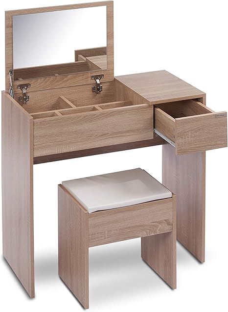 Ts Ideen Schminktisch Frisiertisch Frisierkommode Schminkkommode Schlafzimmer Kommode Mit Aufklappbarem Spiegel Schublade Und Gepolstertem Hocker In Sonoma Eiche Modern Amazon De Kuche Haushalt