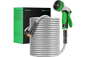 VIVOGROW Metal Garden Hose 100ft, Stainless Steel Water Hose with Brass Fittings & 10-Function Nozzle, Tangle Free & Crush Proof, Flexible Bionic Hose for Garden Watering, Pet Bathing, Car Washing