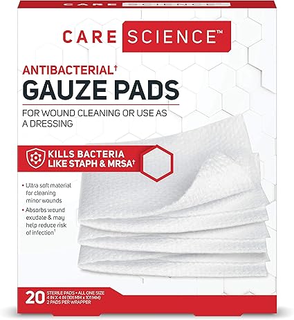 Amazon Com Care Science Antibacterial Sterile Gauze Pads 20 Ct Large 4 X 4 For Cleaning Or Covering Wounds As Wound Dressing Kills Staph Mrsa Helps Prevent Infection Health Personal Care