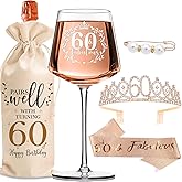 60th Birthday Gifts for Her - Elegant Decorations with Vintage Wine Glasses, Wine Bag, Birthday Sash, Crown,Rhinestone Birthday Tiara, Perfect for Women,Mom,Wife,Coworker,Best Friend,Sister