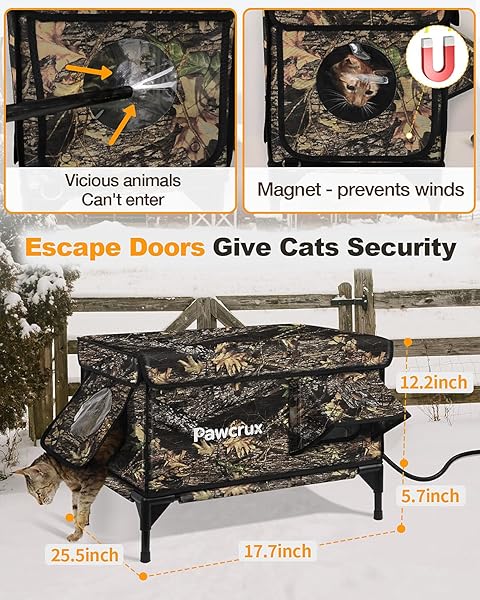 WEATHERPROOF HEATED CAT HOUSE FOR OUTDOOR IN WINTER, HEATED CAT BED KITTY SHELTER WITH CAT HEATING PAD, INSULATED & SAFE ESCAPE DOOR, WARM HOUSE FOR OUTSIDE STRAY CAT(LEAF COLOR, 17.7″X25.5″X17.9″)