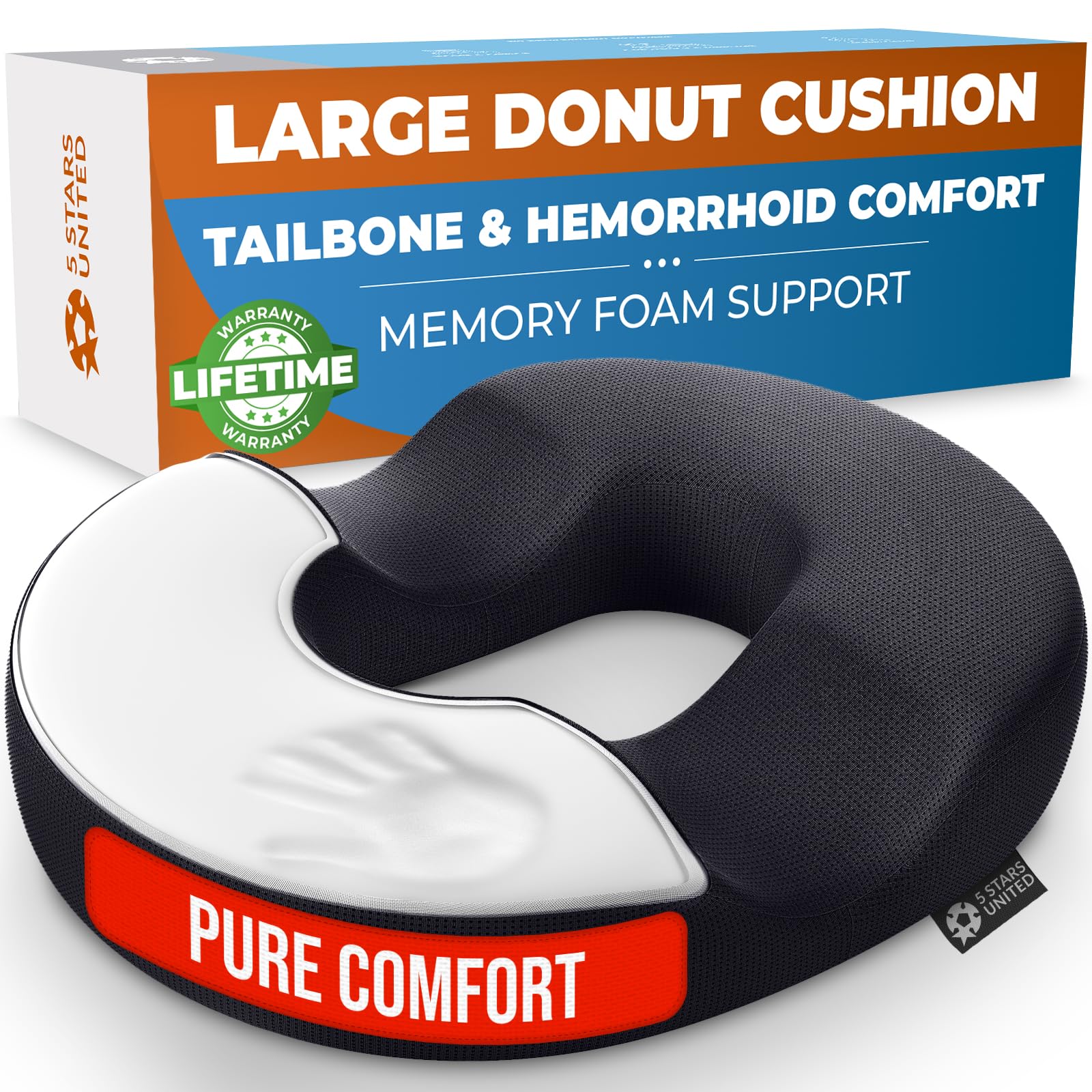 Photo 1 of 5 STARS UNITED Donut Pillow Hemorrhoid Tailbone Cushion – Large Cushion for Pain Relief – Coccyx, Prostate, Sciatica, Pelvic Floor, Pressure Sores, Pregnancy, Postpartum Recovery, Black