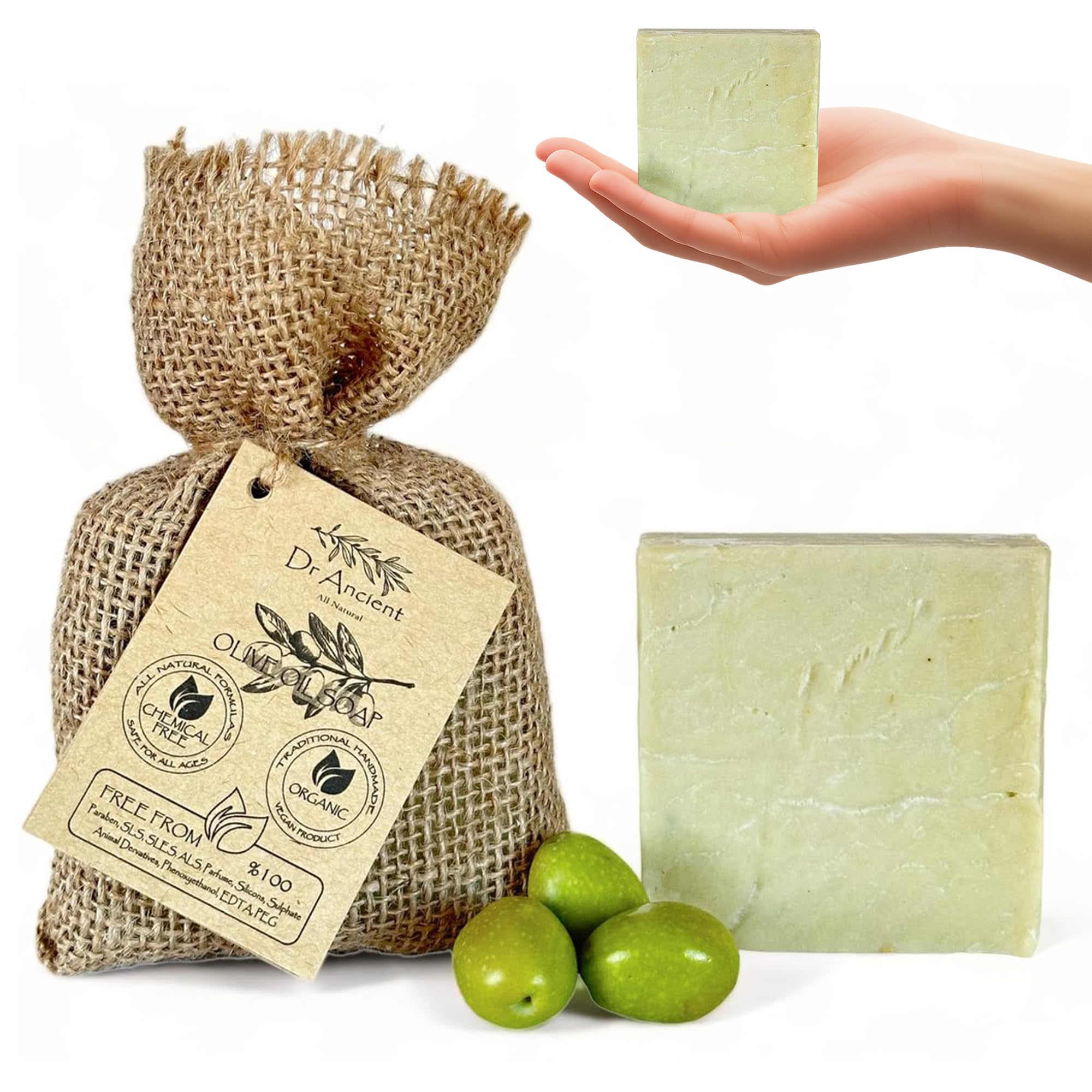 Dr.Ancient Olive Oil Soap Bar, Organic Soap Bars Handcrafted the Traditional Way, Natural Chemical-Free, Vegan, Used for Face Wash, Body Wash, Hand Cleansing and Skin Care, Gentle Cleanser