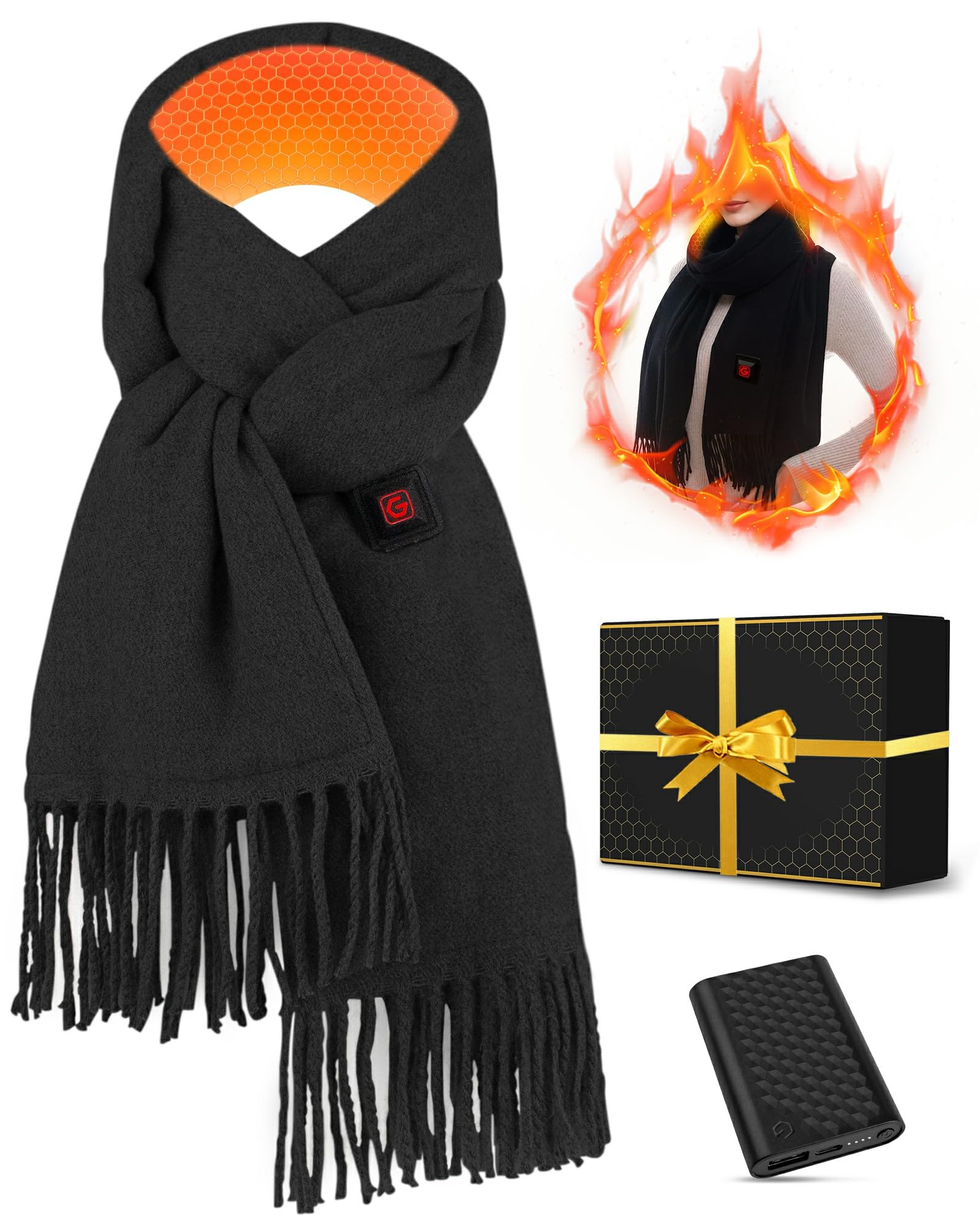 Heated Scarf for Women Men Rechargeable Electric Intelligent Heating Neck Warmer Scarves with Pockets Bufanda Calentada Bufandas para Mujer Frio Hombres Winter Cold Weather Travel Wool Cashmere Black