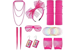 12Pcs 80s Costume Accessories Set, 80's Outfits Women Set with Neon Headband Necklace Earrings Glasses Gloves Leg Warmers