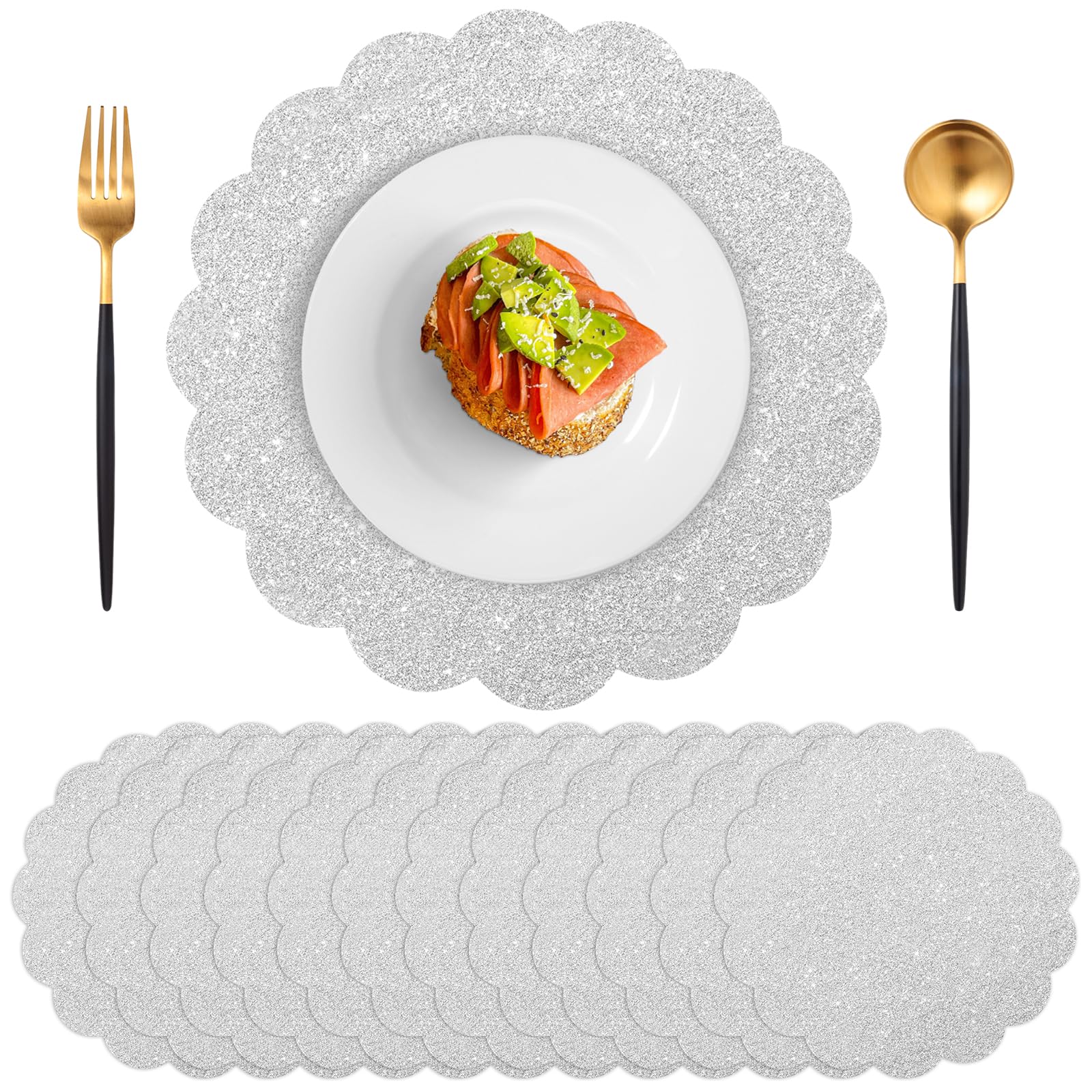 Photo 1 of 120 Pcs Silver Glitter Paper Placemats, 13.5 Inch Scalloped Disposable Placemat Round Sparkle Table Place Mats Decorative Paper for Birthday Wedding Banquet Party