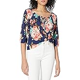 Star Vixen Women's Peasant Top with 3/4 Sleeve and Elastic Hem Navy/Floral