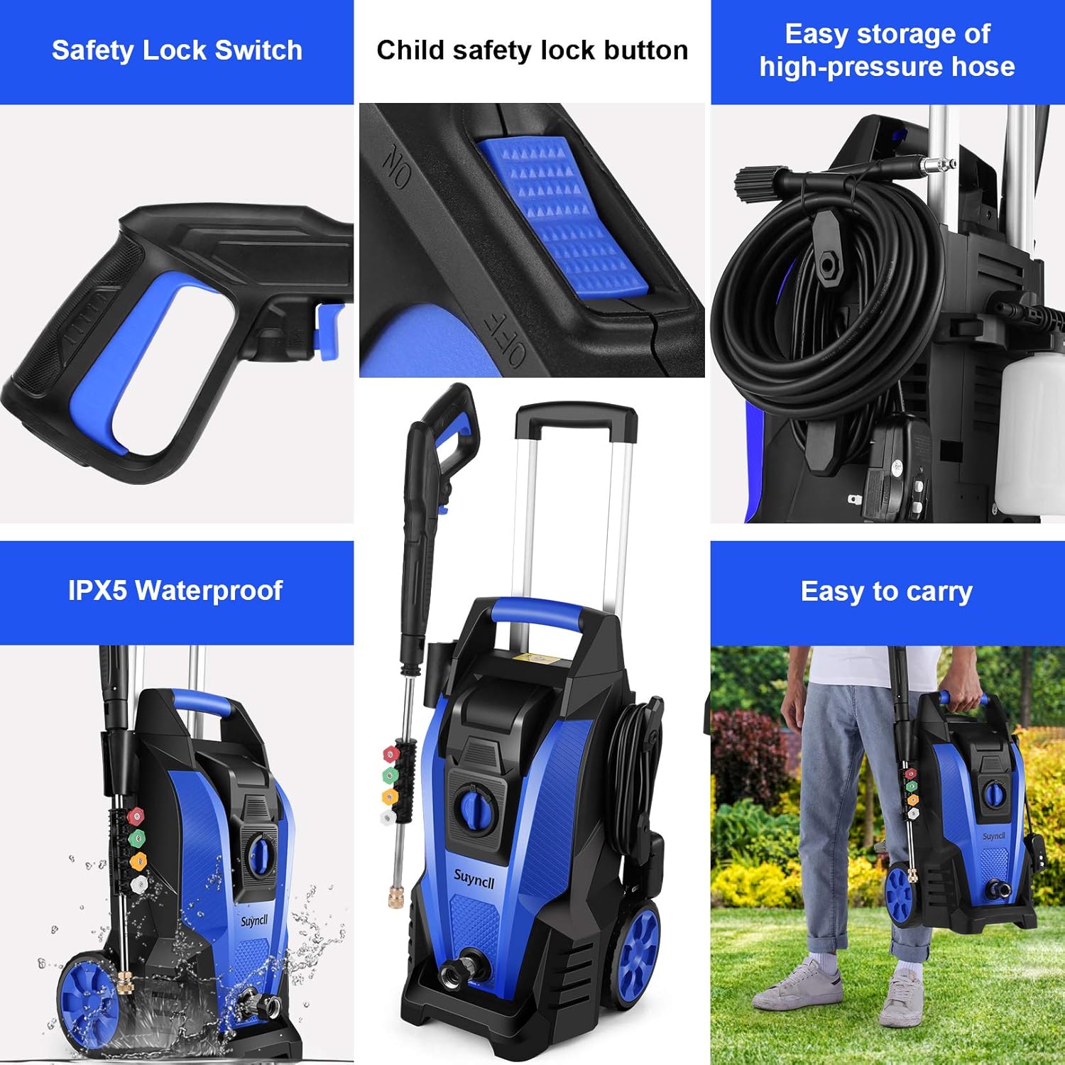 Suyncll Pressure Washer, 3800PSI Electric Power Washer, 2000W High Pressure Washer, Professional Washer Cleaner, with 4 Nozzles, Soap Bottle and Hose Reel, Best for Cleaning Cars, Driveways, Patios : Garden & Outdoor