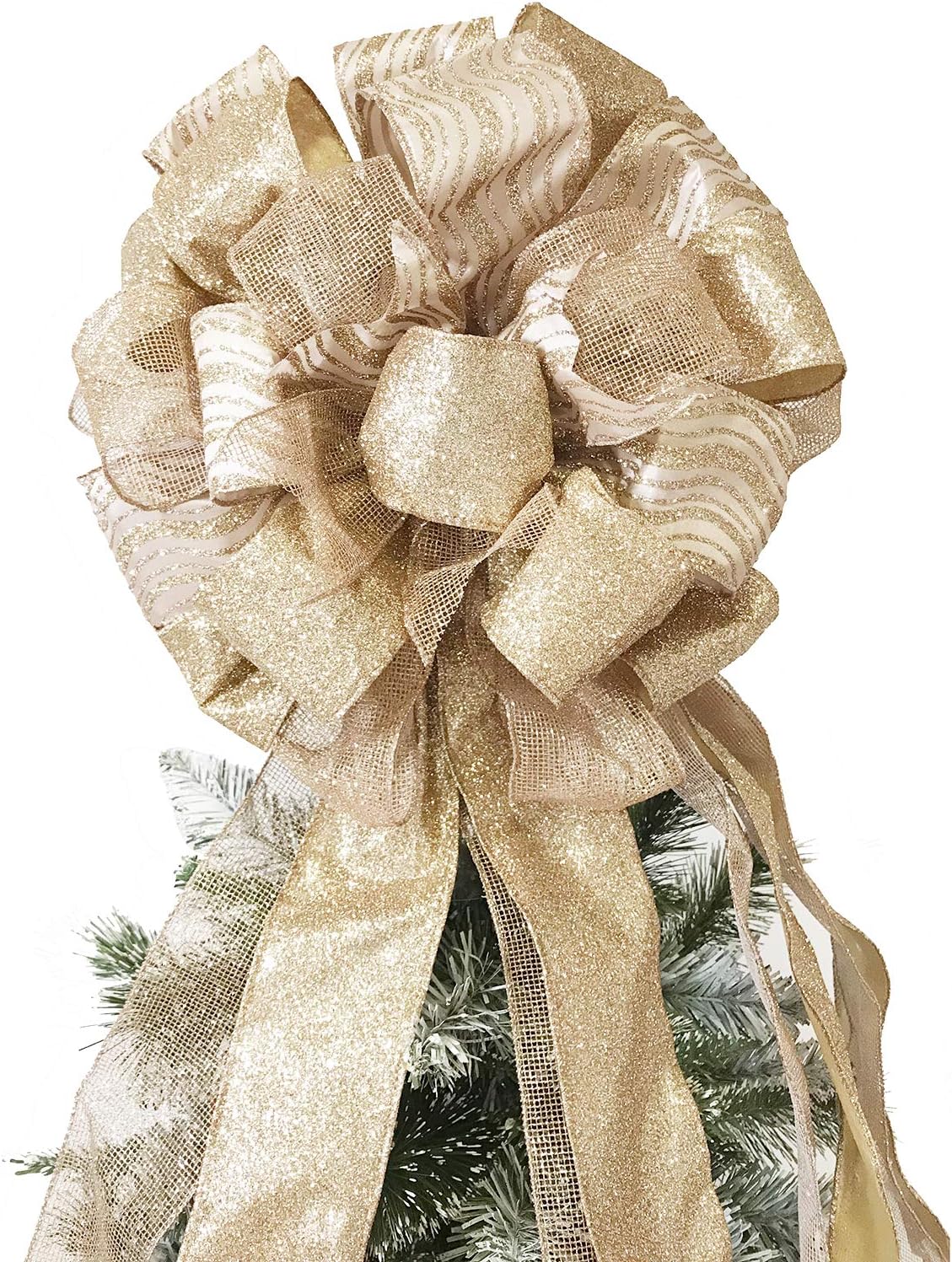Tree Toppers - Flash World Christmas Tree Topper,27x12 Inches Large Toppers Bow with Streamer Wired Edge for Christmas Decoration (Rose Gold)