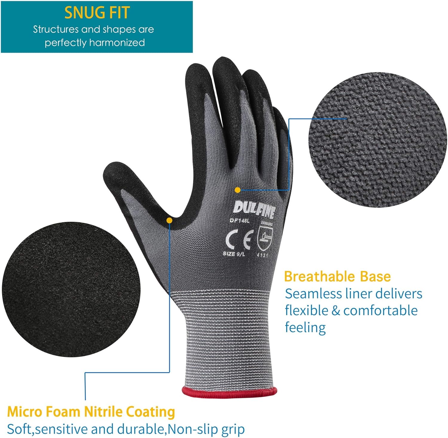 Safety Work Gloves MicroFoam Nitrile Coated-3 Pairs Pack, Seamless Knit Nylon Glove with Black Micro-Foam Nitrile Grip, Ideal for General Purpose, Automotive, Home Improvement, Painting(Large) - - 