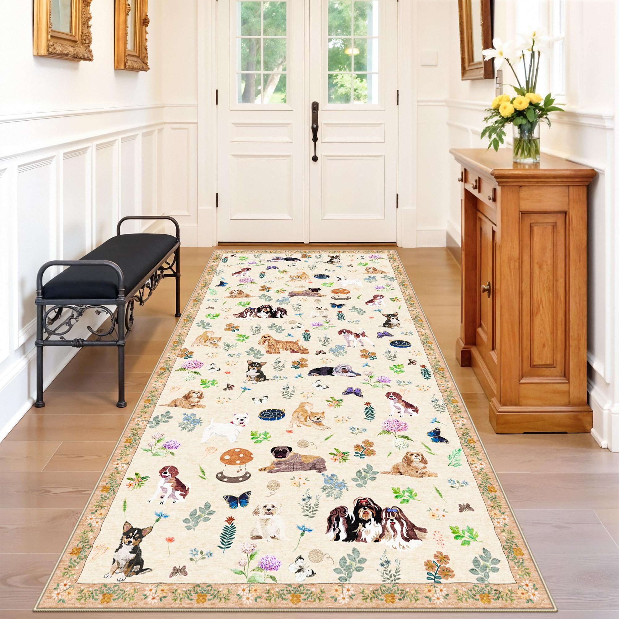 4x8 Washable Kitchen Animal Rug: Cute Dog Printed Rugs with Non-Slip Rubber Backing Soft Floral Carpet for Bedroom Nursery Low-Pile Floor Mat for Entryway Living Room Dining Room(4x8,Beige/Dog Image