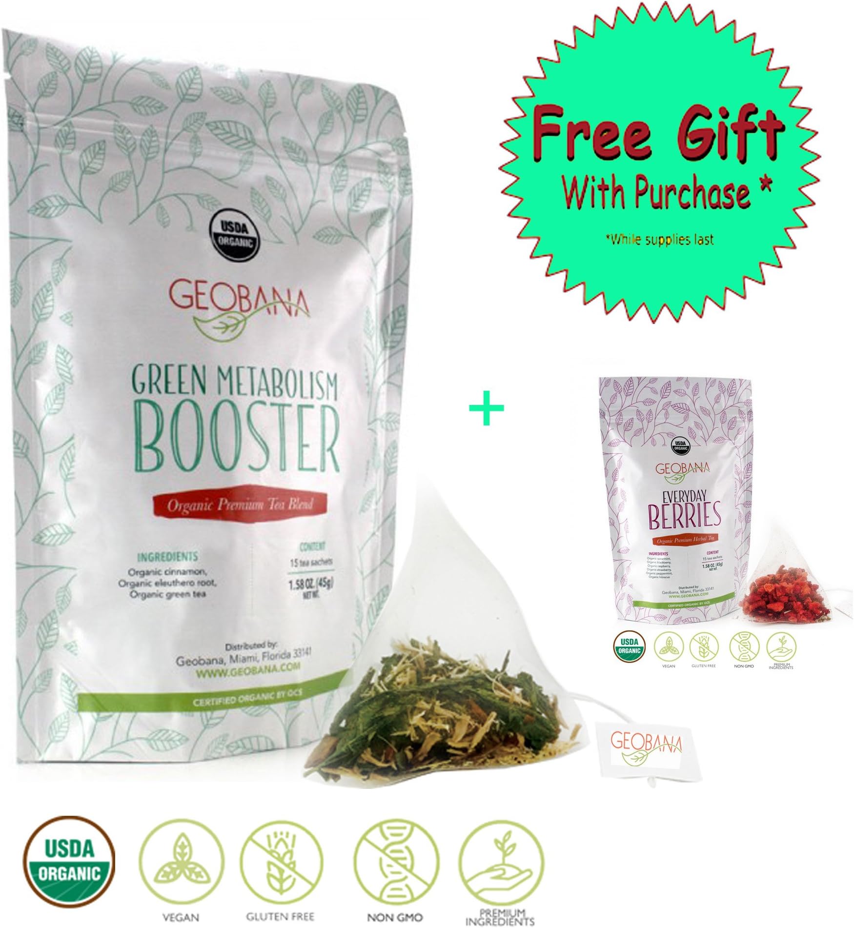 Geobana Organic Green Metabolism Booster tea (15 tea pyramid sachets) + FREE BAG of Organic herbal fruit tea Everyday Berries