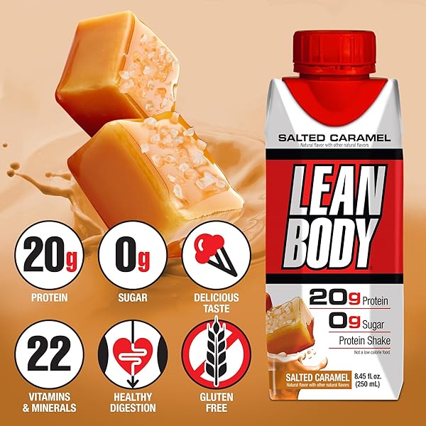 LEAN BODY READY-TO-DRINK SALTED CARAMEL PROTEIN SHAKE, 20G PROTEIN, WHEY BLEND, 0 SUGAR, GLUTEN FREE, 22 VITAMINS & MINERALS, (RECYCLABLE CARTON & LID – PACK OF 4)