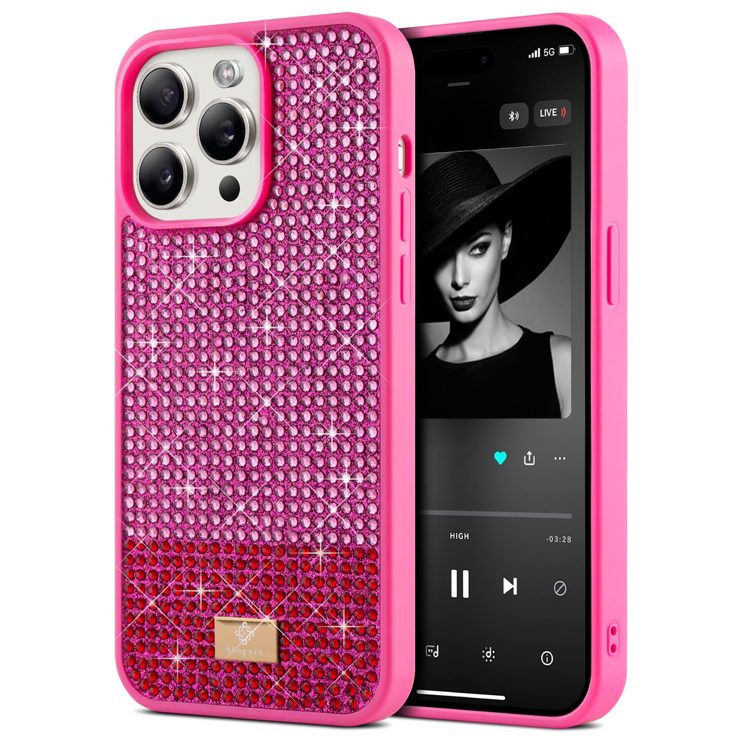 BEZ Case for iPhone 15 Pro Max Case Glitter, with Bling & Co. Series, Sparkle Diamond Crystal Bling Case Cover for iPhone 15 Pro Max, Brink Pink