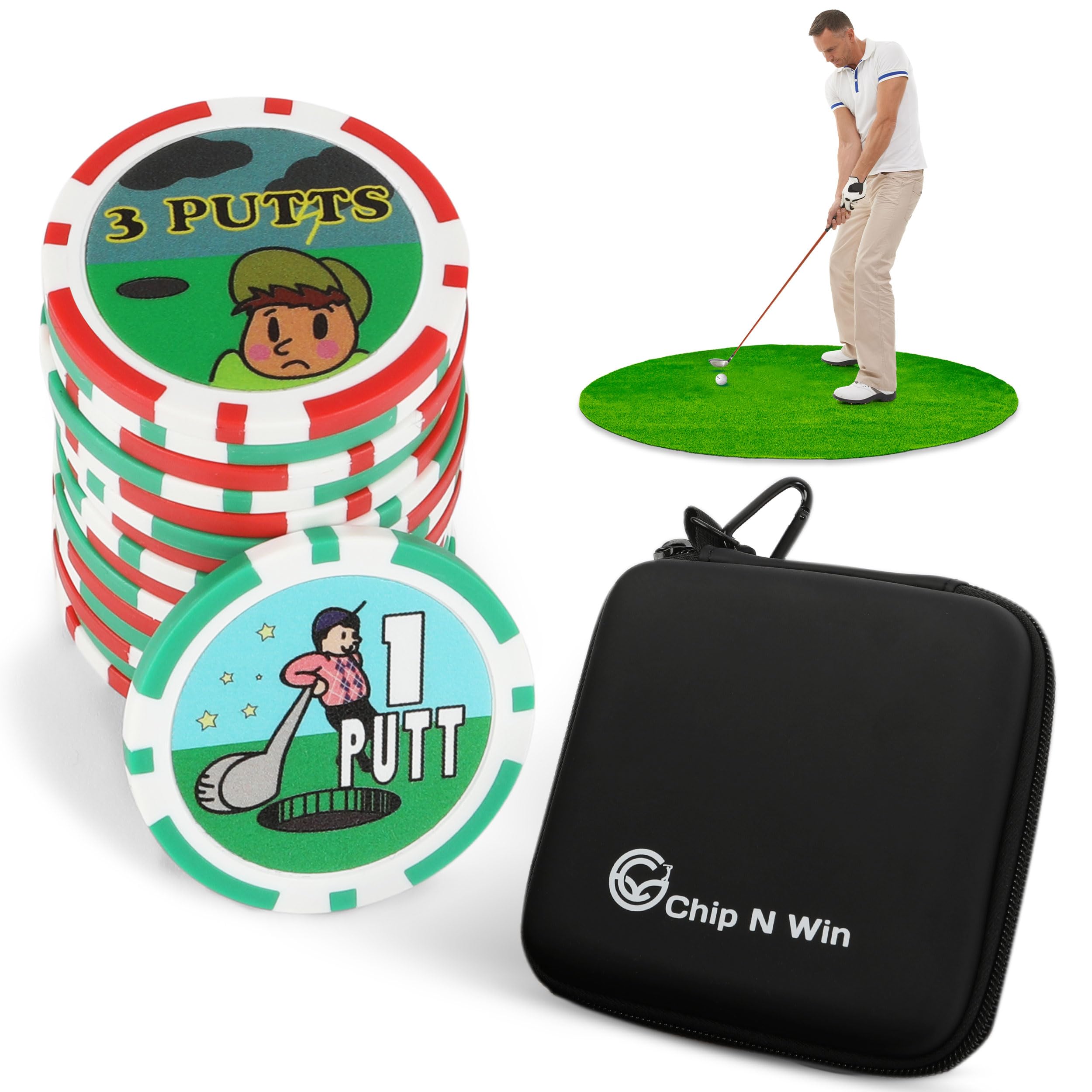 Dexter Innovations CHIP N WIN. The On Course Golf Poker Chips Game with 16 Fun Chips. Play at the Same Time as Your Normal Round Adding an Extra Element of Fun. 2-4 Adults (Ages 18+). EVA Case.