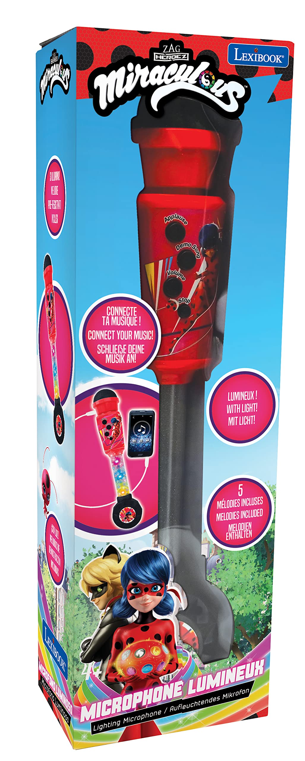 LEXiBOOK Miraculous, Lighting Microphone for Children, Musical Toy Game, Built-in Speaker, Light Effects, Aux-in Cable Plug, Red, MIC90MI