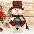 Sancodee Christmas Lighted Snowman, 12" Snowman with Wreath Christmas Table Decorations, Red Black Plaid Snowman Xmas Decor for Home Kitchen Holiday Party
