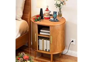 DHH Mid Century Modern Nightstand with Charging Station, Fluted Accent Side Table with Sliding Door & Adjustable Shelf, End Table for Small Space, Living Room, Bedroom,Sofa Couch(1, Yellow)