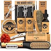 Beard Straightener Grooming Kit for Men, Beard Growth Kit, Wash, Brush & Comb, Unscented Growth Oil, All Natural Sandalwood Balm, Conditioner, Razor & Scissors, Great Gift Idea for Men's (Bamboo)