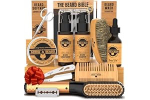 GROW ALPHA BEARD Beard Straightener Grooming Kit for Men, Beard Growth Kit, Wash, Brush & Comb, Unscented Growth Oil, All Natural Sandalwood Balm, Conditioner, Razor & Scissors, Great Gift Idea for Men's (Bamboo)