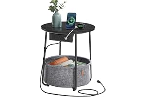 VASAGLE Side Table with Charging Station, Round End Table With Fabric Basket, Nightstand with Power Outlets USB Ports, for Living Room, Bedroom, Modern, Ebony Black and Slate Gray ULET228B01