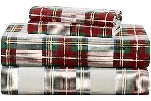 Comfort Spaces 100% Cotton Sheets Queen, Breathable, Naturally Cool Cotton Sheets,Cotton Bed Sheets with 14" Elastic Pocket Fits up to 16" Mattress, All Seasons Sheet Set, Scottish Plaid Red 4 Piece