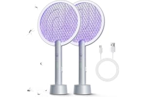 MOSILLER Electric Fly Swatter Racket, 2 in 1 Bug Zapper with USB Rechargeable Base, 4000 Volt Mosquito Killer with 3-Layer Safety Mesh for Pest Insect Control for Indoor、Office、Backyard、Camping（Gray-2 Pack）