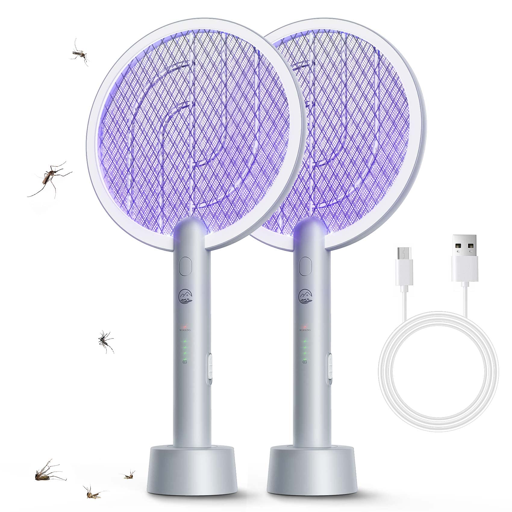 Photo 1 of Mosiller Electric Fly Swatter Racket 2 Pack, 2 in 1 Bug Zapper with USB Rechargeable Base, 4000 Volt Mosquito Killer with 3-Layer Safety Mesh for Pest Insect Control for Indoor?Office?Backyard?Camping