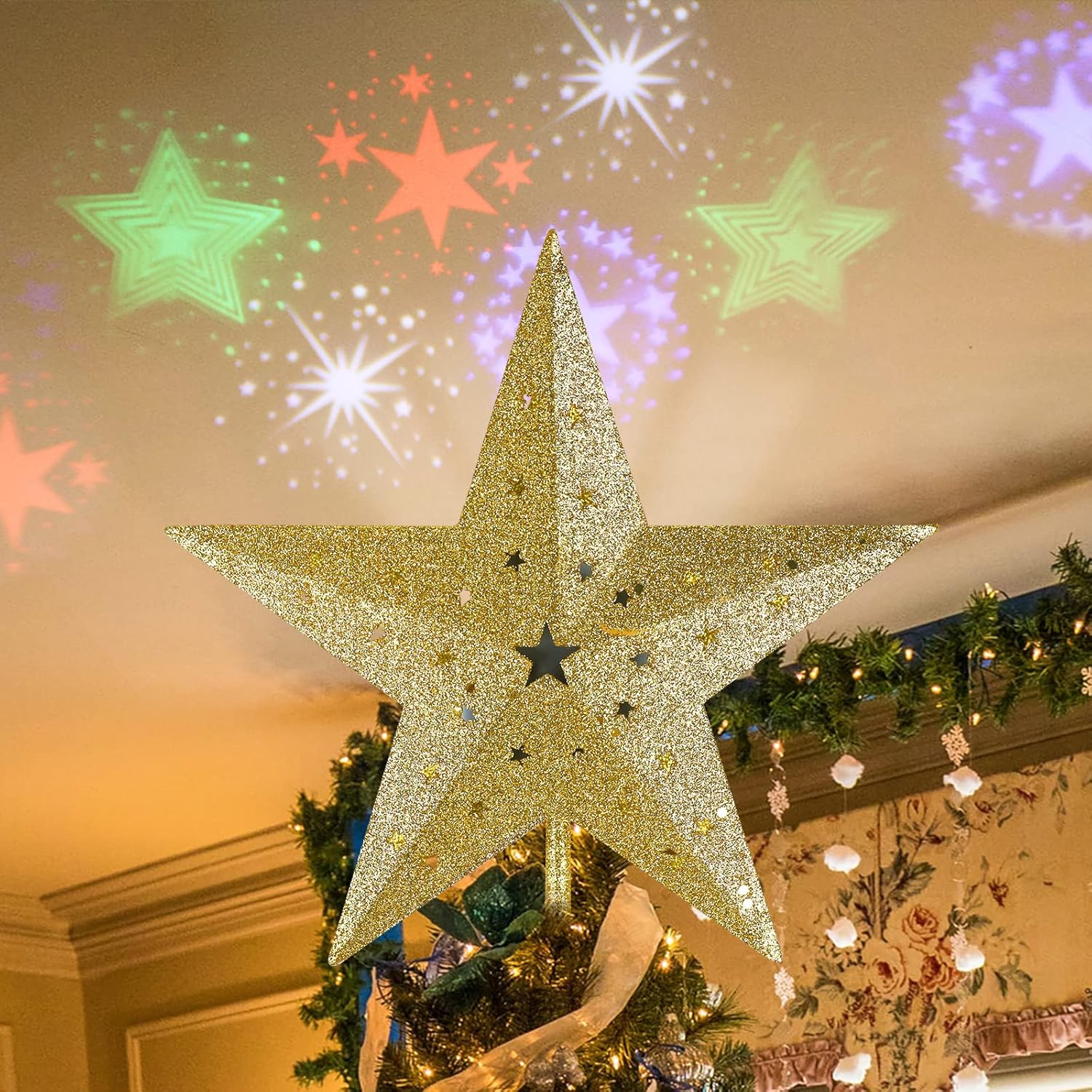 Tree Toppers - PHITRIC Christmas Tree Topper, 8 Inches Gold Lighted Star Christmas Tree Topper, Hollow Star Craft Christmas Tree Star with Colorful Projector Lights, Xmas Tree Topper for Christmas Tree Decorations