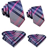 Hi-Tie Father and Son Tie Set Striped Plaid Ties for Men and Boys Silk Necktie Pocket Square Set for Wedding Gifts