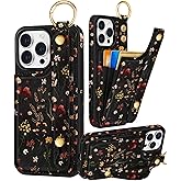 Petitian for iPhone 15 Pro Max Case with Wallet - Women Girls Cute Girly Aesthetic Unique Design with Leather Credit Card Holder Cardholder Stand Wristband for Apple 15 Promax, Grow Flower