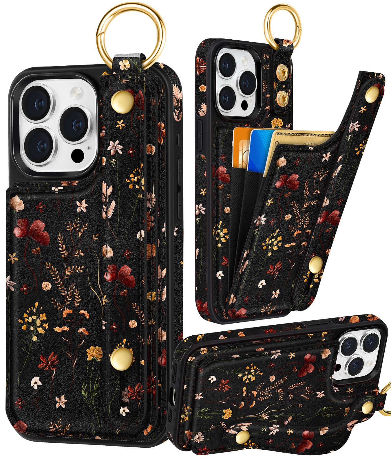 Photo 1 of Petitian for iPhone 15 Pro Max Case with Wallet - Women Girls Cute Girly Aesthetic Unique Design with Leather Credit Card Holder Cardholder Stand Wristband for Apple 15 Promax, Grow Flower