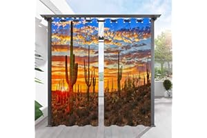 ANHOPE Outdoor Curtains, Grommet Waterproof Window Curtain Panels with Western Cactu Sunset Scenery Print Pattern, Privacy Curtains for Patio/Pergola/Gazebo/Porch/Cabana/Deck, 2 Panels, 36 x 84 Inch