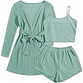 Ekouaer Pajamas for Women Set 3 Piece Lounge Set Soft Pajama Sets Waffle Knit Tank Top and Shorts Cardigan with Pockets S-XXL