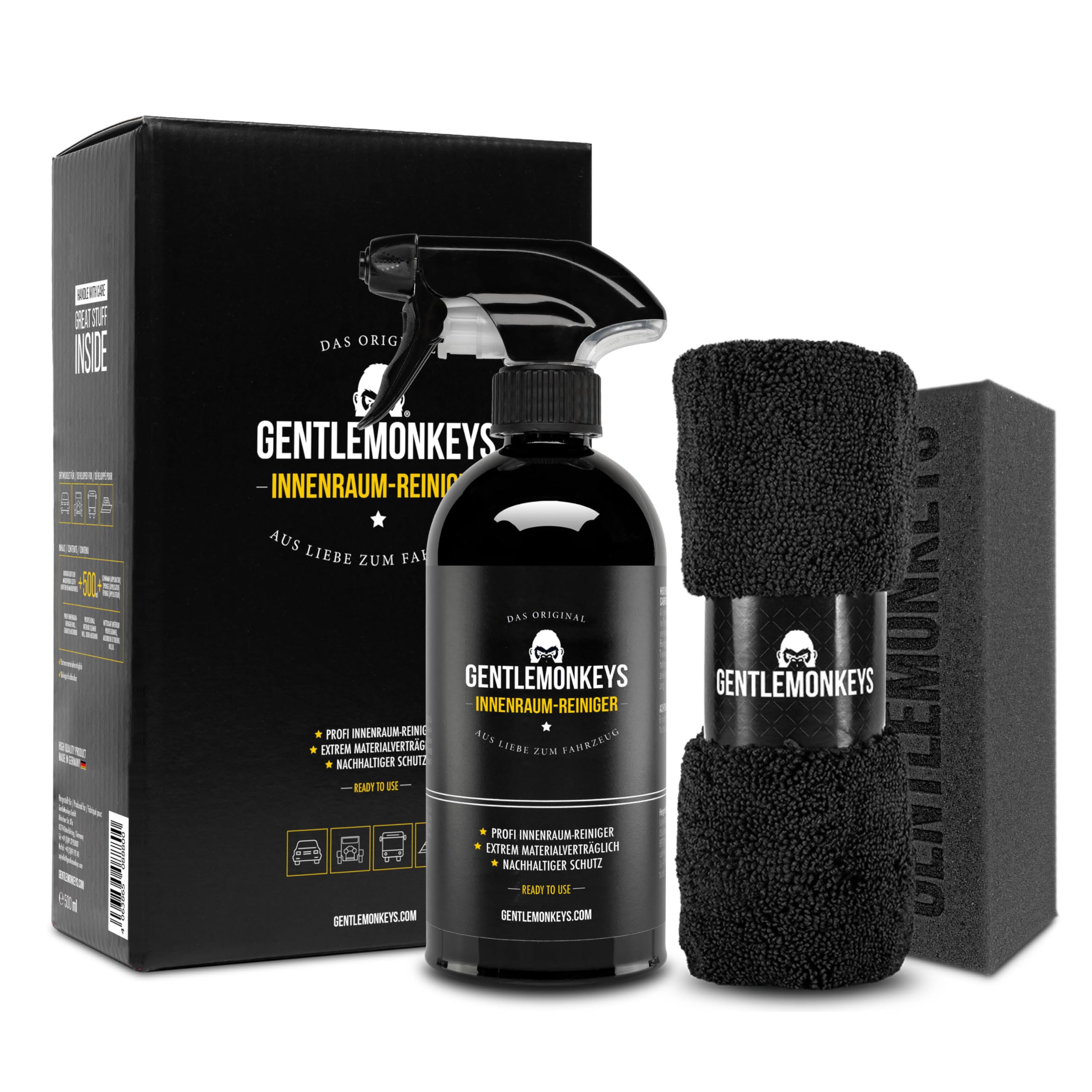 GENTLEMONKEYS Profi Innenraumreiniger Set Auto (500ml + Mikrofasertuch & Schwamm) • Porentiefe Reinigung aller im Fahrzeug verbauten Materialien • Universell einsetzbar • Biologisch abbaubar