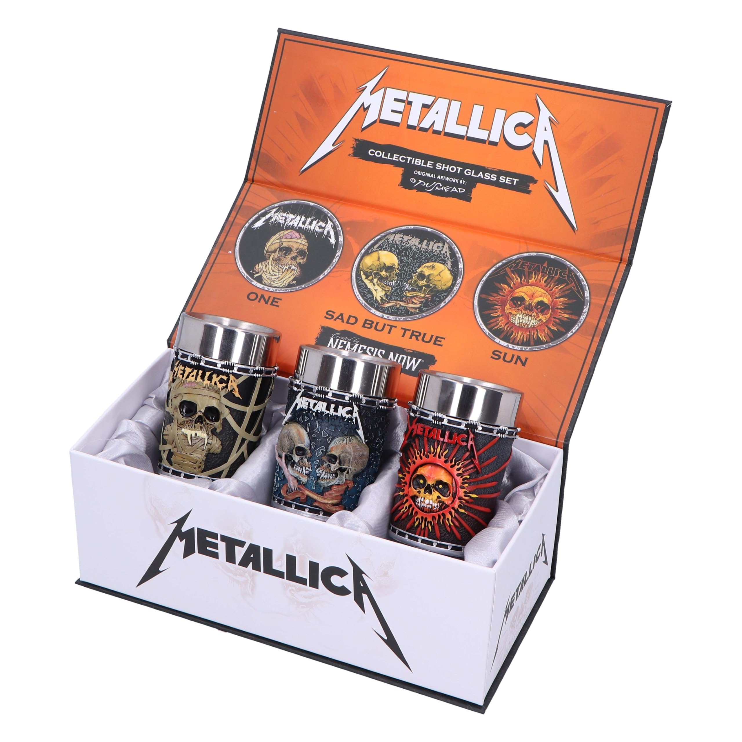 Nemesis Now Metallica Pushead Art Shot Glass Set of 3, Resin, Officially Licensed Metallica Merch, Removable Stainless Steel Inserts, Premium Gift Box, Cast in The Finest Resin, Expertly Hand-Painted