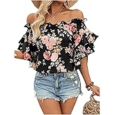 SOLY HUX Women's Floral Print Blouse Off Shoulder Ruffle Trim Half Sleeve Summer Tops