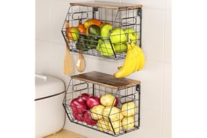 Delamu 2 Pack Fruit Basket for Kitchen Counter, Stackable Metal Fruit Bowl with Wood Lid, Wall Mounted & Countertop Organizer