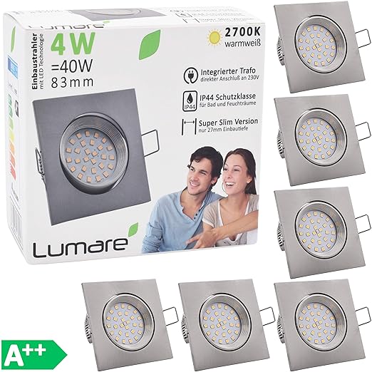 6x Lumare LED Slim Line Einbauspots IP44 4W eckig silber mit nur 27mm Einbautiefe