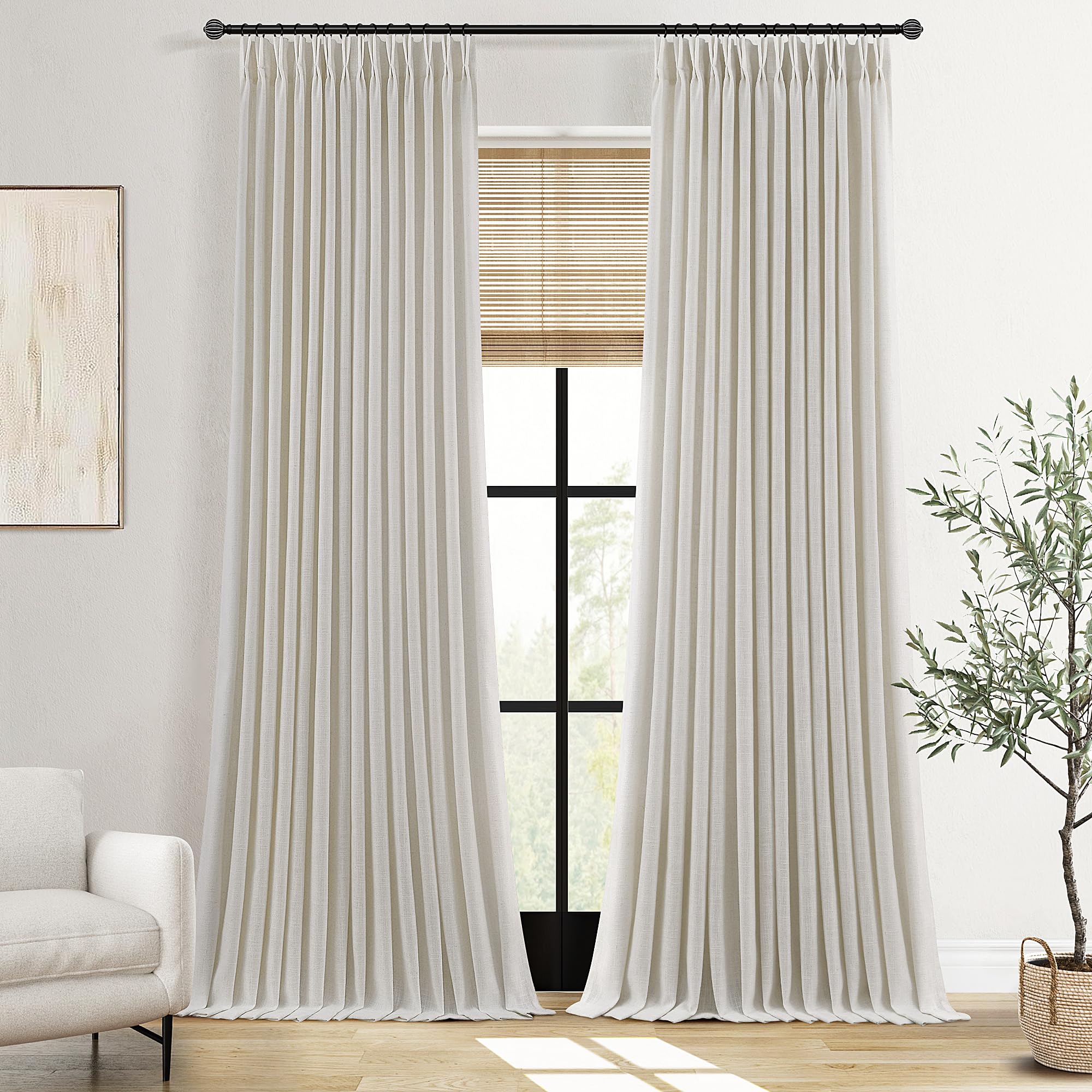 Photo 1 of COMON HOME Pinch Pleated Thick Linen Curtains 96 Inch Length 2 Panels Set for Living Room Warm Beige Neutral Pleated Curtains Semi Sheer Light Filtering Privacy Bedroom Window Drapes